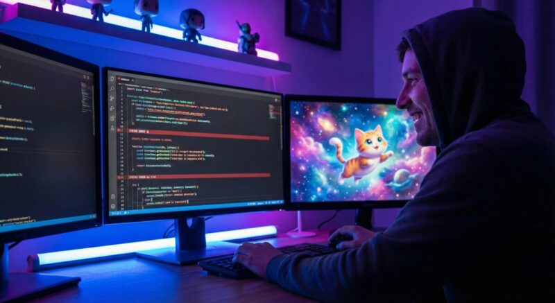 Developer Working Manually On Code And Generating Ai Cat Images