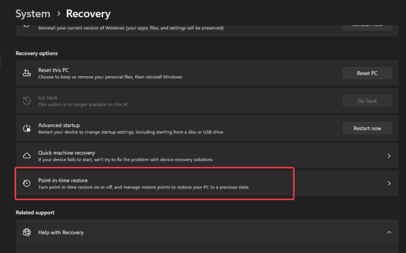 Poin In Time Recovery Options