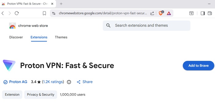Adding ProtonVPN Chrome extension to Brave browser on a Windows desktop.