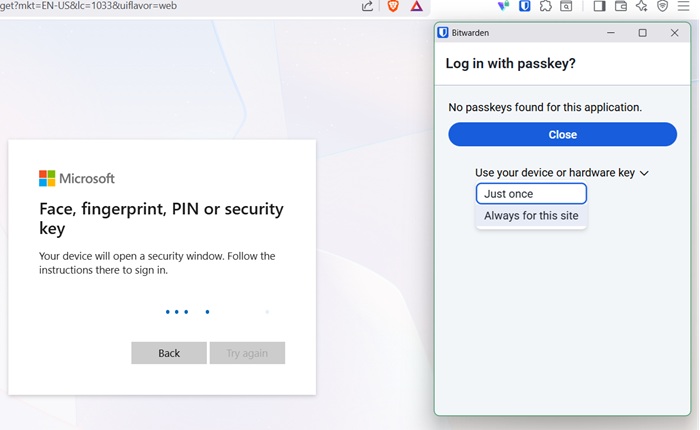 Passkey exceptions for BitWarden when trying to sign in to a Microsoft account.