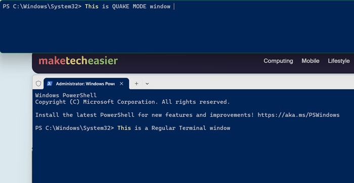 Quake mode visible from browser window.