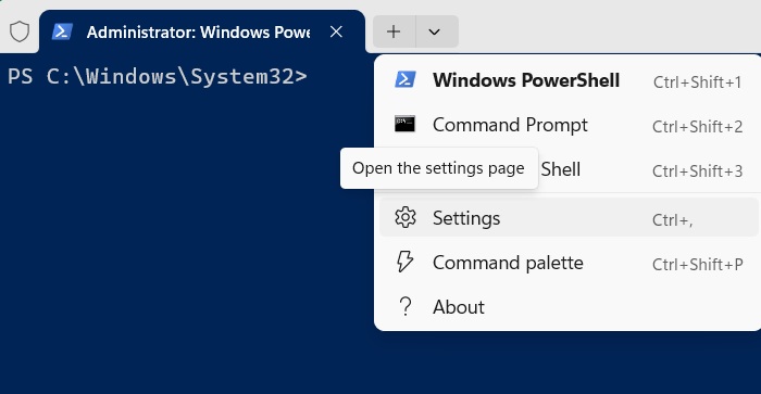 Open the Settings page in Windows Terminal PowerShell window.