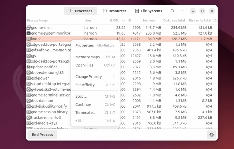 System Monitor Showing Various Options Of App