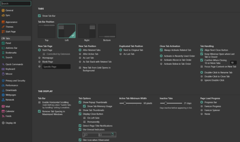 Tab Management Settings In Vivaldi Settings