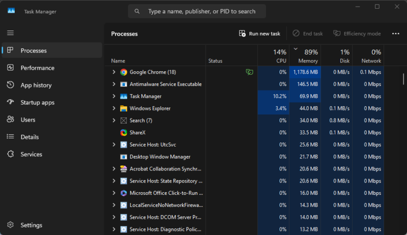 Windows Task Manager view