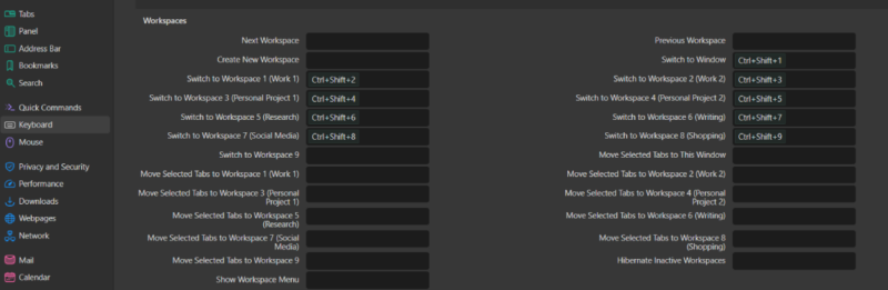 Workspace Keyboard Shortcuts In Vivaldi Settings