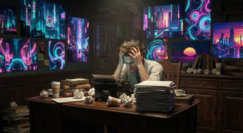 Writer Struggling At Typewriter Surrounded By Ai Art