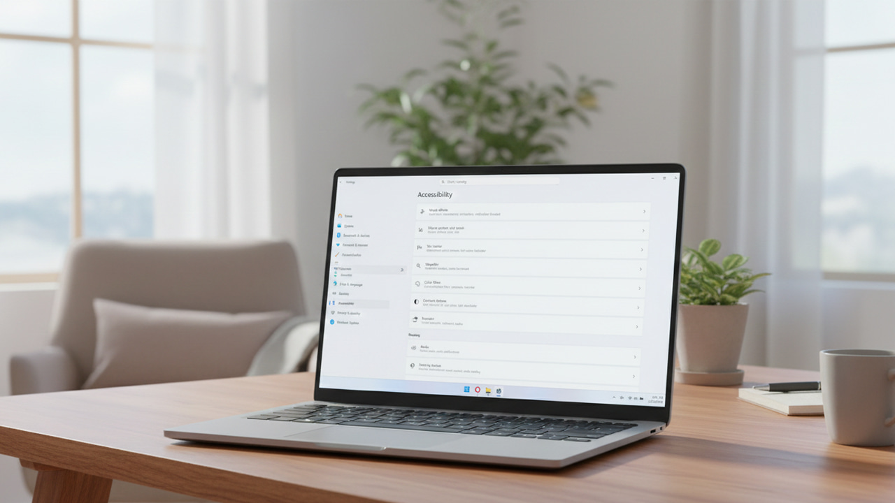 A laptop on desk show Windows 11 Accessibility settings