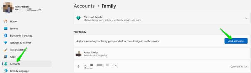 adding family account in Windows