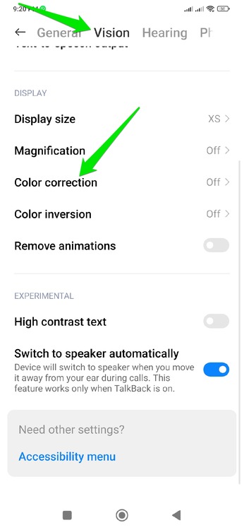 Android Accessibilit settings Vision section