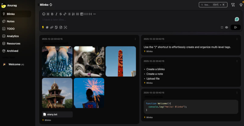 Screenshot showing Blinko Landing Page