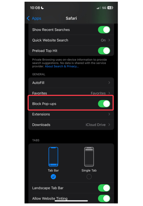 Block Pop Ups Safari Settings