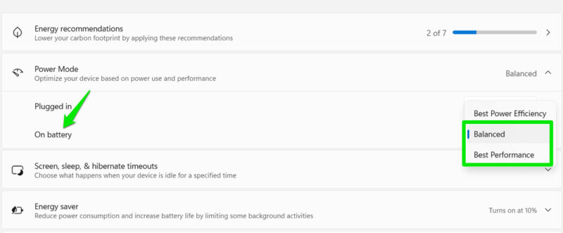 Changing Battery Power Plan in Windows settings