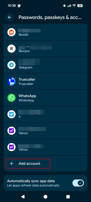 Selecting "Add account" option in Android Settings.