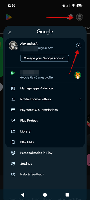 Tapping arrow icon in Google Play Store app on Android to add a new Google account.