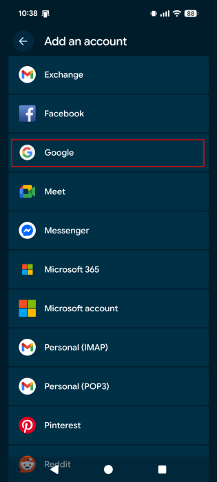 Selecting "Google" to add a new account on your Android device.