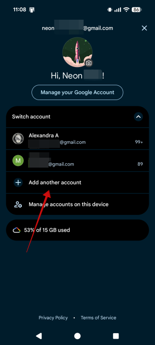 Tapping on "Add another account" option in Gmail app on Android.