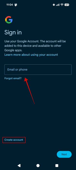 Signing in with new Google account on Android device.