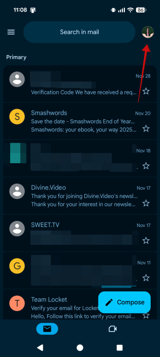 Tapping on profile picture in Gmail app on Android.