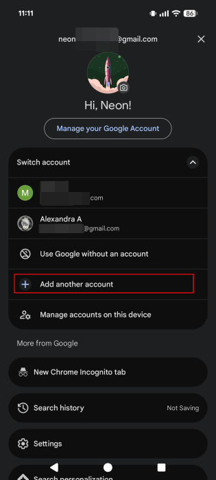 Selecting "Add another account" option from the Google on Android app.