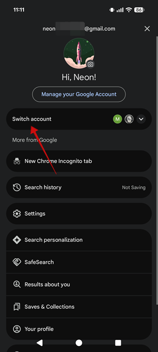Tapping on "Switch account" option in Google app on Android.