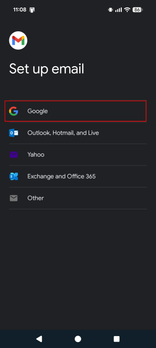 Selecting "Google" option when adding a new email account in the Gmail app on Android.