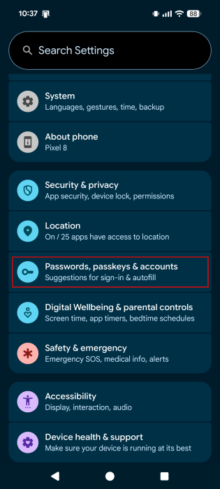 Tapping on "Passwords, passkeys & accounts" in Android Settings.