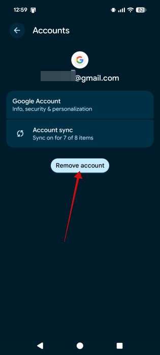 Selecting "Remove account" button for Google account via Android Settings.