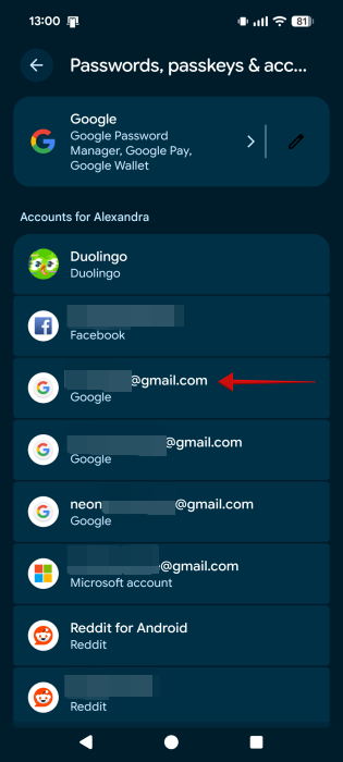 Selecting Google account from list of accounts in Settings app on Android device.