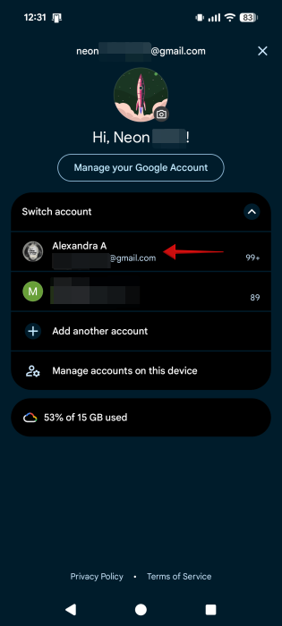 Switching between Google accounts in the Gmail app on Android.