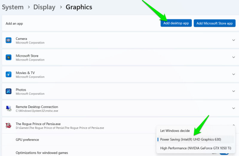 Selecting GPU for a game in Windows settings