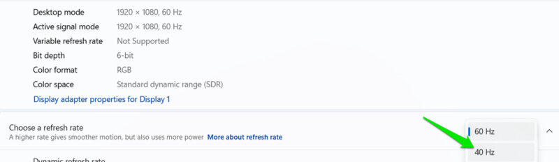 Switching Refresh rate in Windows Display settings