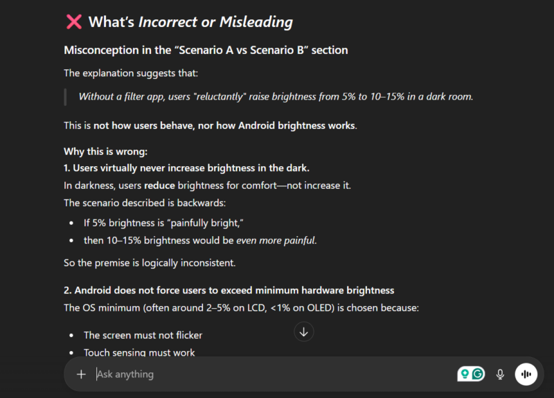 ChatGPT audting an incorrect answer about brightness on Android