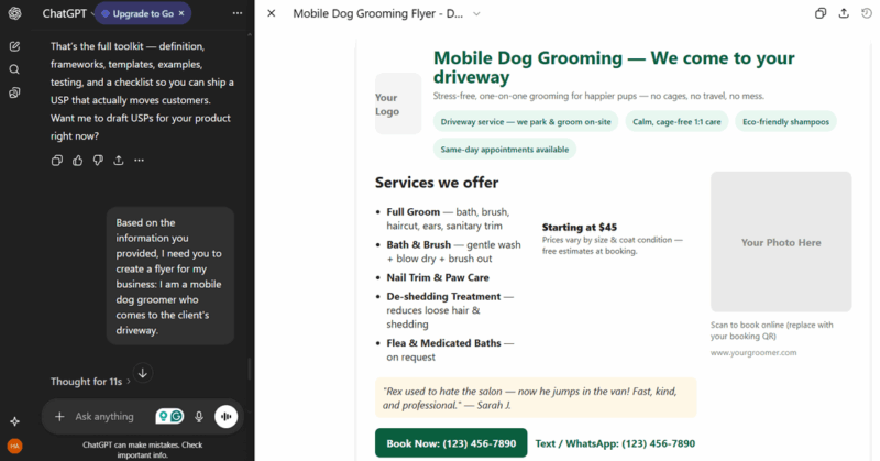 ChatGPT created a business flyer about a dog grooming business