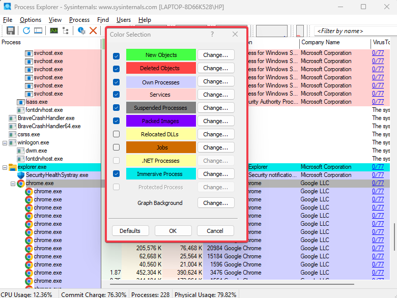 Process Explorer Color Coding