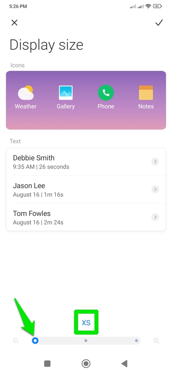 Display Size adjustment slider showing XS size
