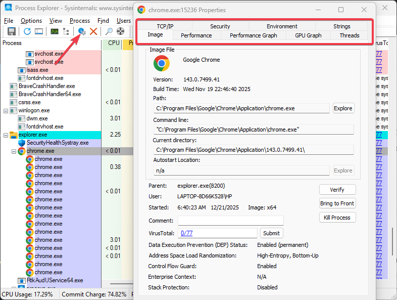 Process Explorer  - Each Process With Breakdown Properties