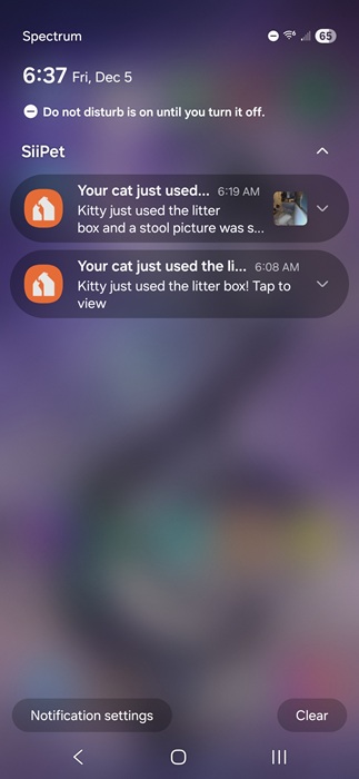 SiiPet LitterLens notifications.