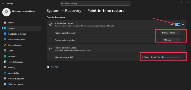 Enable Point In Time Restore Settings