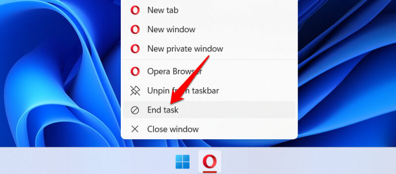End Task option for opera browser in taskbar