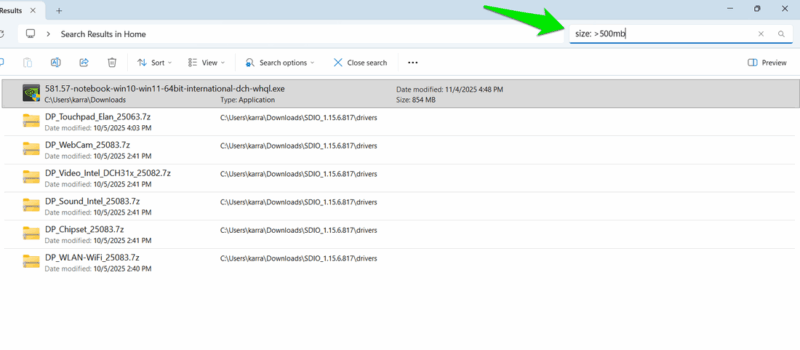 File Explorer Search showing results by size