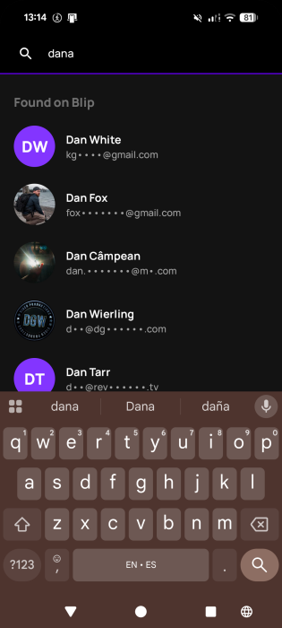 Searching for person to share with in the Blip app on Android. 