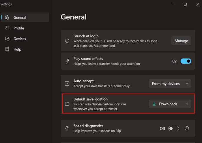 Changing "Default save location" in Blip Settings. 