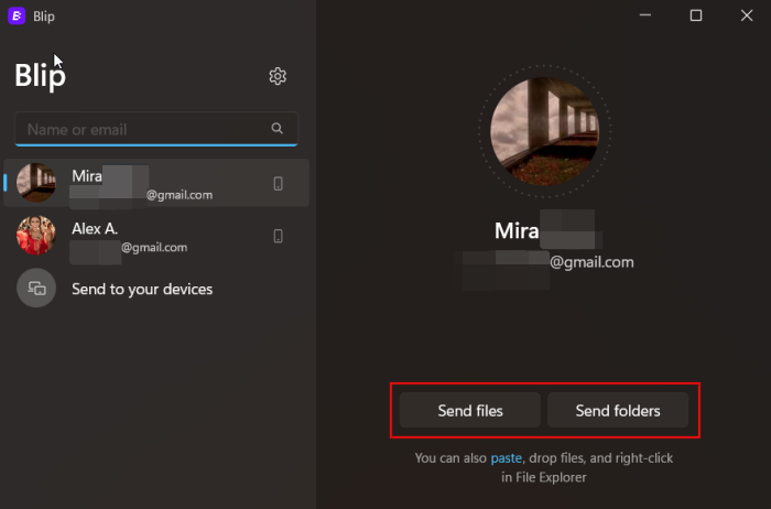 Opting for contact to share files with Blip via PC. 