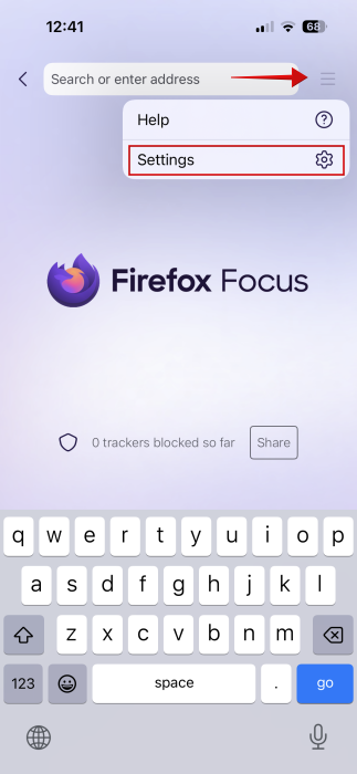 Selecting Settings in Firefox Focus.