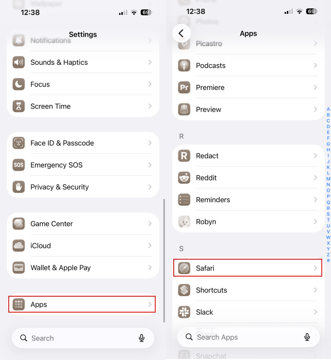Navigating to Safari in iPhone Settings. s