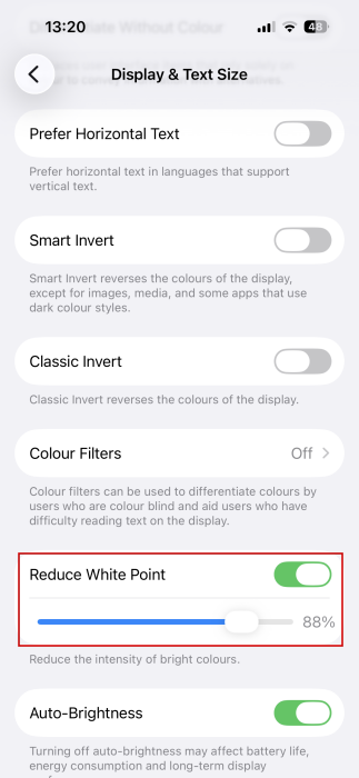 Using the "Reduce White Point" option on iPhone.