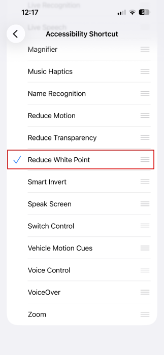 Selecting "Reduce White Point" option for Accessibility Shortcut on iPhone.