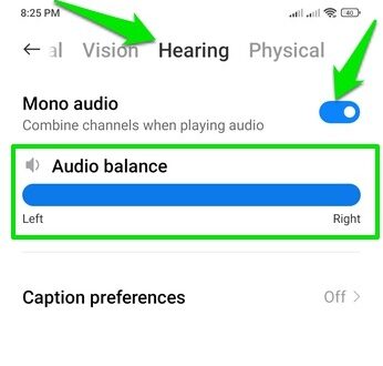 Hearing Settings showing audo balance slider and mono audio