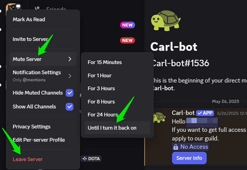 Discord server context menu showing options